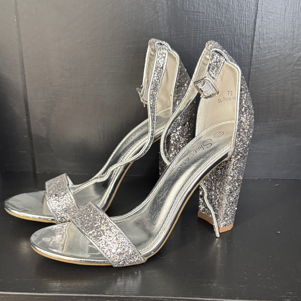 Elegant Silver Glitter Block Heel Sandals